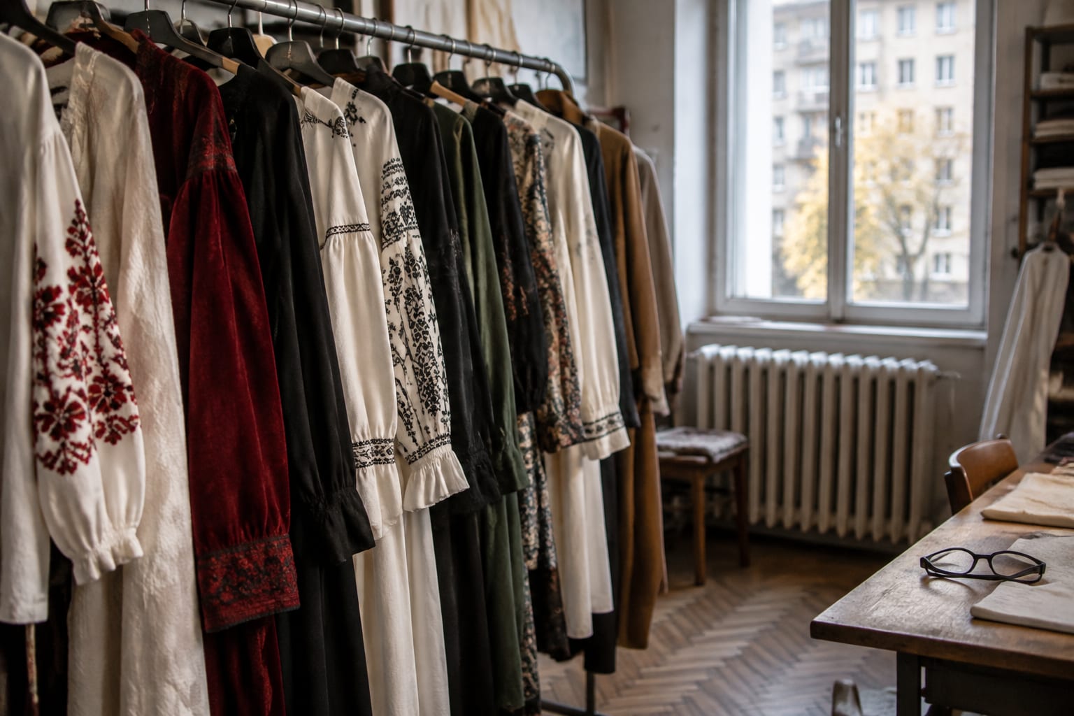Costume cu motive tradiționale expuse pe un suport într-un atelier de croitorie